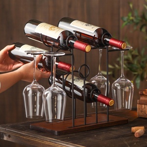 Support de rangement créatif en bois massif pour verre à vin rouge <span class=keywords><strong>Pied</strong></span> haut inversé Accueil Casier à vin suspendu Porte-vin en métal avec fond en bois - Product Image 2