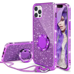 Laudtec Glitter Cute Girls Kickstand Phone Case For iPhone 13 12 11 Pro Max Bling Diamond Bumper Ring Stand Case For Samsung S21