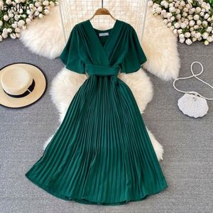 Nuevo Vestido Casual de Mujer, Manga Corta, Cuello en V, Plisado, Drapeado, Chifón, Cintura Alta, Maxi - Product Image 3