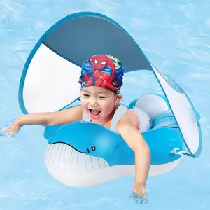 Cartoon Walvissen Dierlijke Vorm Baby Float Voor Zwembad Met Zonnescherm Luifel Cpc 0-6 Jaar Oude Baby Zwemwagen