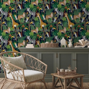 Trẻ Em Có Thể Tháo Rời Vỏ Và Dính Hình Nền Động Vật Phim Hoạt Hình Ngựa Vằn Leopard Hươu Cao Cổ Chim Hình Nền Lá Cọ Cho Tường DIY - Product Image 2