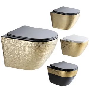 Wall Mounting Toilet European Crocodile Leather Gold Black One Piece Ceramic Bathroom Fixing to The Wall Round Rimless WC