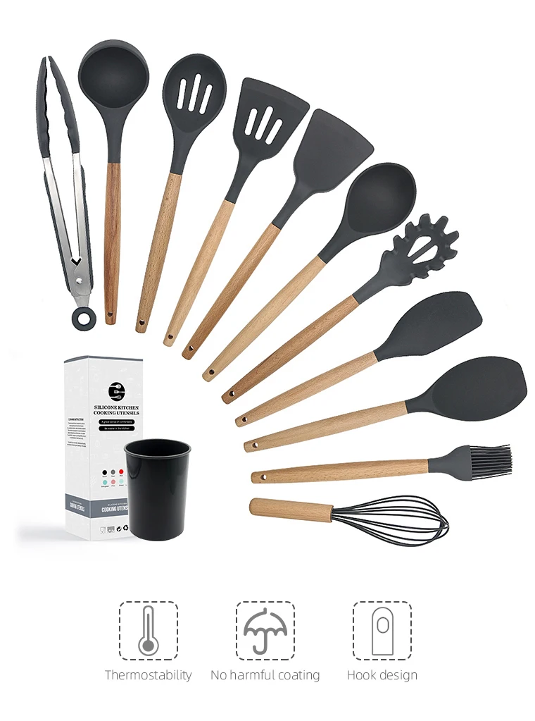 2022 PRIVATE LABEL WHOLESALE WOOD KITCHEN ACCESSORIES SILICONE UTENSILS COOKING SET