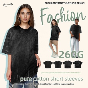 Camiseta de algodón de 260 g con efecto Monkey Wash, transpirable, que absorbe la humedad, de manga corta, corte holgado, estilo Hip <span class=keywords><strong>Hop</strong></span>, para parejas, con hombros caídos. - Product Image 3