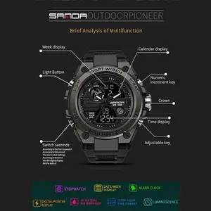 <span class=keywords><strong>Montre</strong></span> <span class=keywords><strong>homme</strong></span> SANDA 739 à double mouvement numérique, grand cadran, bracelet en résine étanche, Relogio Masculino, multifonctionnelle, Montres Hommes - Product Image 2