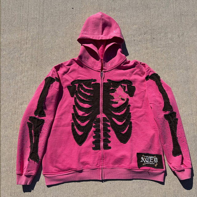 DCY Skeleton Zip up Hoodie Mens Hoodie Custom Heavyweight Hoodie Y2K Distressed Bone Applique Pink Black Streetwear Cropped