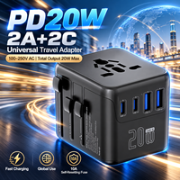Adaptor Perjalanan Universal Mini 20W PD Pengisian Cepat dengan 2 USB + 2 Tipe C untuk Perjalanan Internasional AS, Inggris, Uni Eropa, Australia, dan Seluruh Dunia