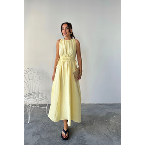 Elegante Vestido Maxi Amarillo sin Mangas para Mujer con Muselina Translúcida, Logotipo Personalizado, Cintura Imperio, Talla XS, para el Trabajo o Fiestas - Product Image 6