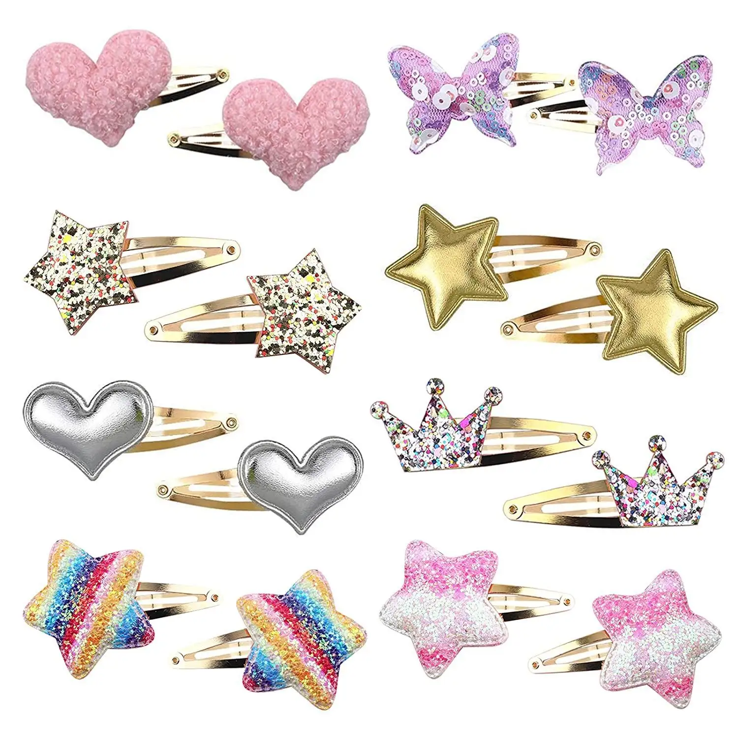 Vente en gros Barrettes en forme d'étoile/couronne/cœur/papillon Mignonnes épingles à cheveux à mousqueton en métal Barrettes à cheveux scintillantes pour filles