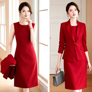 Women's Suit Set Red Wool <b>Blend</b> Long Sleeve Skirt Professional Commute Wear Anti-Wrinkle Formal Office Outfit - Product Image 1
