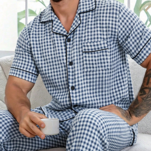 Men's Custom Blue Pajamas Summer Cotton 100%Lounge Set Men Bamboo Pajamas Wholesale OEM ODM Plus Size Soft <b>Clothes</b> - Product Image 2