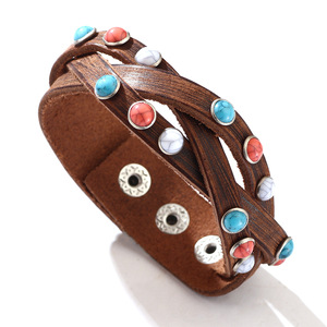 Genuine <b>Leather</b> Cuff <b>Bracelet</b> With Turquoise Inlay Brown Women's Jewelry Gift Geometric Pattern Bezel Setting QNW2709 - Product Image 1