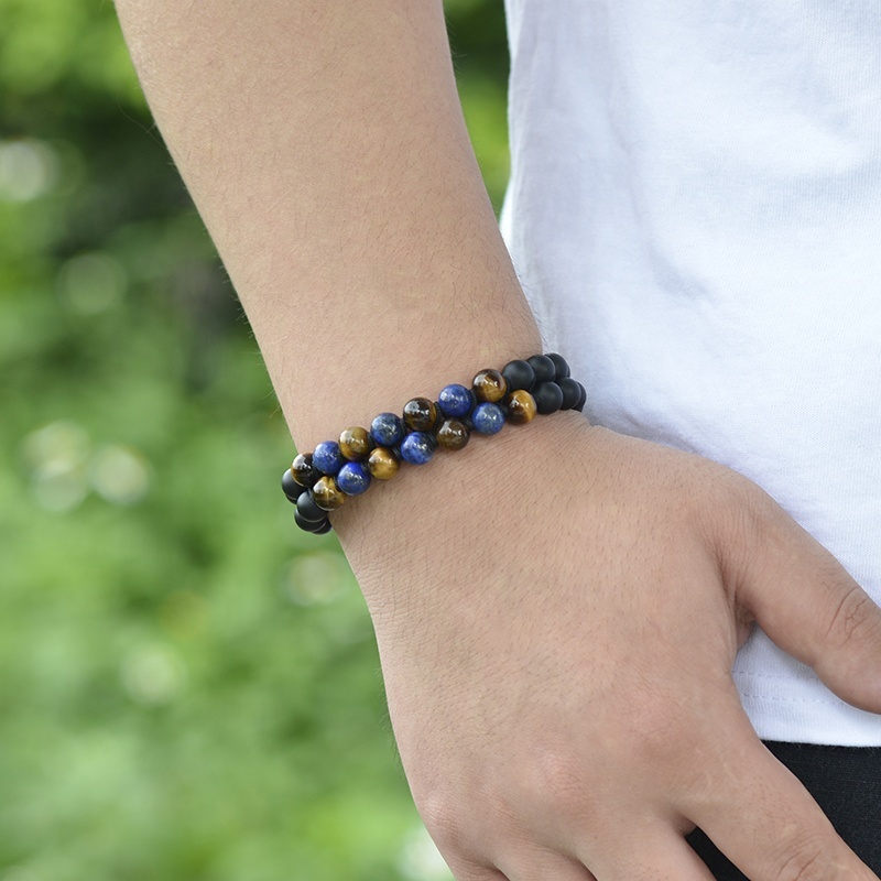 Double row natural stone 8mm handmade adjustable braided lava rock and magnetic hematite custom beaded mens bracelet