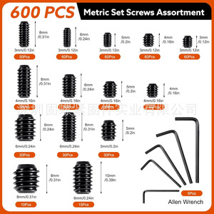 Metric Set Screws Assortment 600pcs DIN916 Grade 12.9 SCM435 Alloy Steel Blackened Industrial Use - Product Image 1