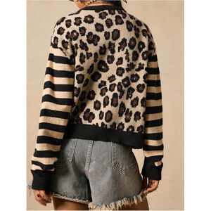 Cárdigan de Mujer Personalizado con Estampado de Leopardo, Estilo Y2K, Rayas, Botones, Manga Larga, Cuello Redondo, Bloques de Color, Top Moderno - Product Image 5