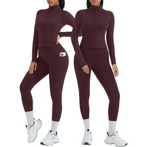 FOXA Workout Set Women 2 Piece Turtleneck Zip Up <b>Jacket</b> Booty Leggings With Pockets <b>Yoga</b> Gym Outfit Spandex Polyester - Product Image 1