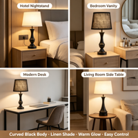 Lampu Meja Vintage dengan Dua Port Pengisian Daya USB, Kap Lampu Kain Bertekstur Hitam untuk Lampu Meja Samping Tempat Tidur Kamar Tidur Hotel