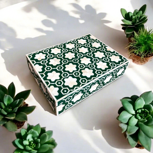 Caja de Almacenamiento de Cartón con Incrustaciones de Hueso Verde y Blanco, Patrón Geométrico, Organizador Decorativo para Exhibición de Joyas en el Hogar - Product Image 1
