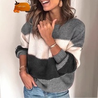 Pull midi décontracté EBAY pour l'hiver, polyvalent, à blocs de couleurs, rayé, à manches longues, col rond, coupe ample