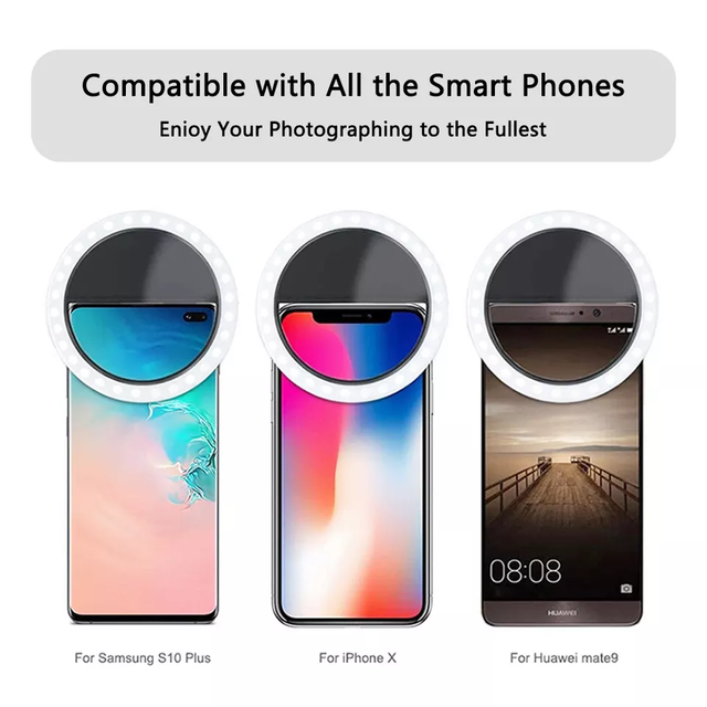3-Level Dimmable Universal Clip-on Phone LED Ring Rechargeable Portable Selfie Fill Light for Smartphone Live Stream Makeup Vlog