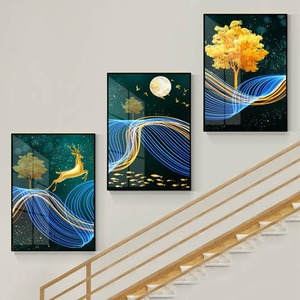 Arte Mural Tríptico Moderno de Porcelana de Cristal con Lámina Dorada, Paisaje Abstracto, Pintura Decorativa <span class=keywords><strong>para</strong></span> <span class=keywords><strong>Sala</strong></span> de Estar, Fondo de Sofá - Product Image 4