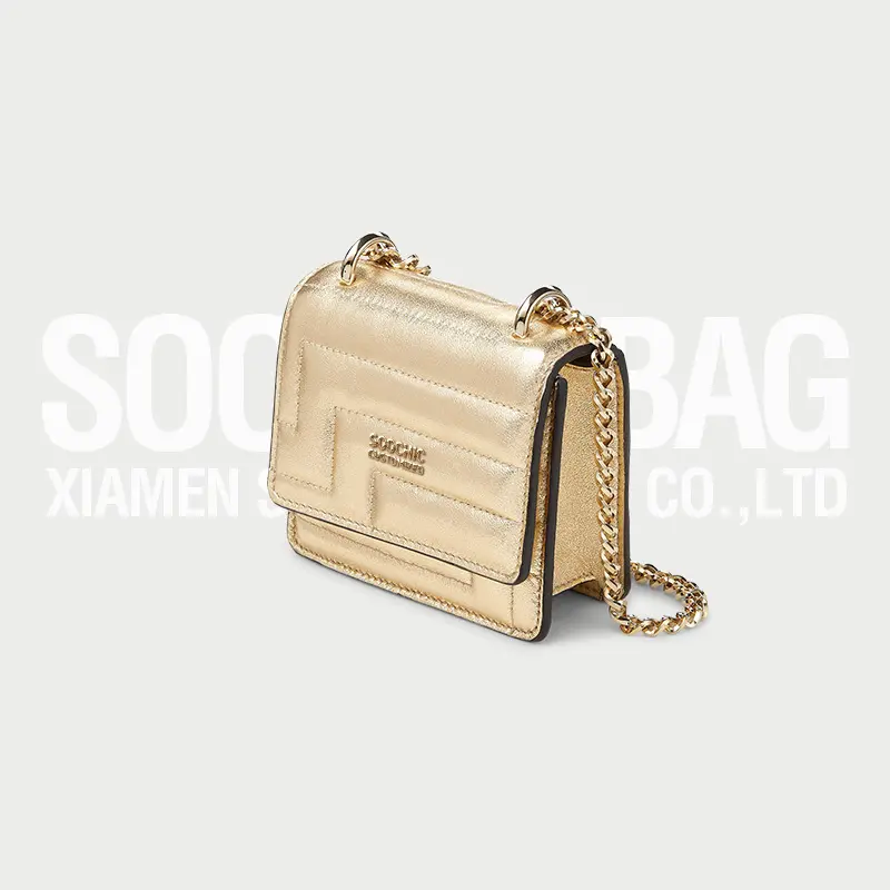 OEM Add Metal Logo Customized Leather Shiny Gold Mini Flap Shoulder Bag With Chain For Women Lady