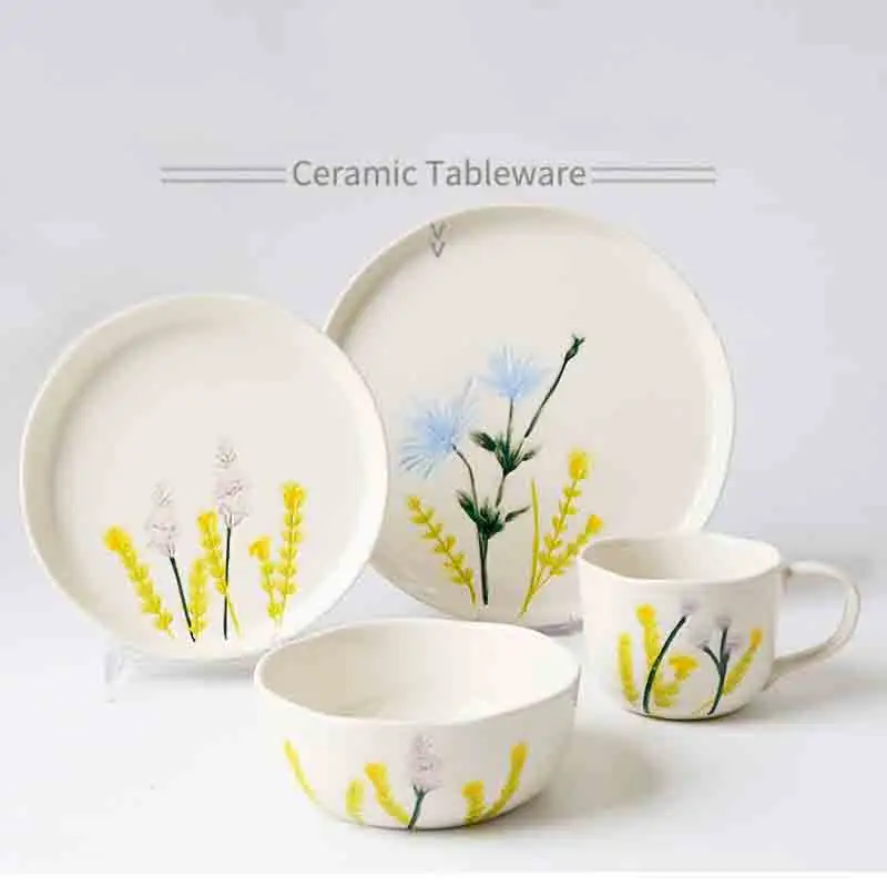 Plato de cerámica con relieve orgánico para ensalada, tazón de cereales, taza de café, patter de plantas, juego de cena de porcelana con estampado de seda para primavera y verano