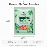 Groothandel op maat bedrukte 3-zijdig gesealde snoepzak met ritssluiting en ophanggat, verpakking voor tropische fruitgummy's, 50g 100g
