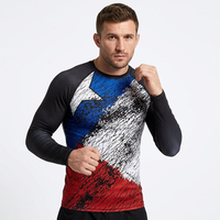 Freandy Sports Premium MMA Rashguard à manches longues pour homme, impression par sublimation, séchage rapide, polyester, compression, bleu, rouge, blanc