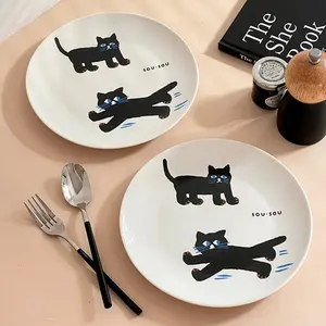 Lelyi piring makan keramik 8 inci lucu, piring sarapan kucing hitam kreatif, piring makanan penutup kecantikan tinggi rumah