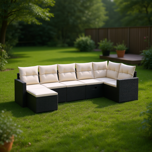 Ensemble de canapés de jardin modulaires en polyrotin noir avec structure en acier, design moderne, mobilier d'extérieur, coussins en mousse haute densité - Product Image 2