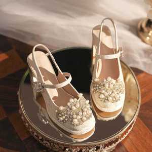 7222A-226 Zapatos de Tacón Alto con Lentejuelas para Boda, Punta Cuadrada, Tacón de Bloque, Correa al Tobillo, Adornados con Cuentas, Estilo Mary Jane, Tacón de 5cm-8cm, Ligeros - Product Image 3