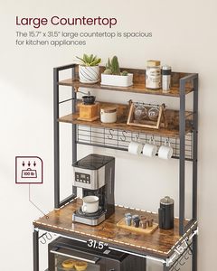 Support de boulanger brun rustique avec prise de courant <span class=keywords><strong>et</strong></span> étagère de cuisine réglable pour bar à café avec prises étagère pour micro-ondes - Product Image 4