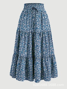 Falda Larga Maxi Vintage con Estampado Floral, Cintura Alta Elástica y Plisada, Fluida de Corte A, para Niña Pequeña, Otoño 2025, Atuendos Boho para Mujer - Product Image 4