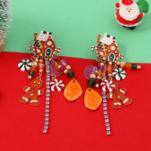 Pendientes Colgantes de Casa de Jengibre Navideña para Mujer, de Aleación con Esmalte y Cristal, Joyería de Fiesta, Estilo de Dibujos Animados Lindo, 11cm - Product Image 4