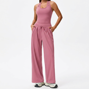 Ensemble de yoga 2 pièces marron : pantalon taille haute à jambes larges et débardeur dos nageur à col rond, respirant, couleur unie, pour l'entraînement - Product Image 5
