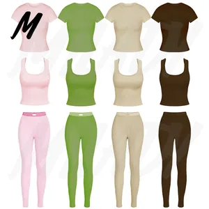 Wholesale Custom Logo Cotton Ribbed Knit Women's Two Piece Set Leggings and Short Sleeve Casual Loungewear Sets