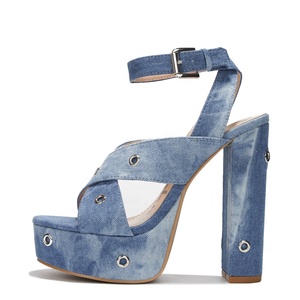 Metal Circles Ornaments Women Thick <b>Platform</b> Sandals Square <b>Open</b> <b>Toe</b> High Chunky <b>Heels</b> Cross Straps Denim Shoes - Product Image 5