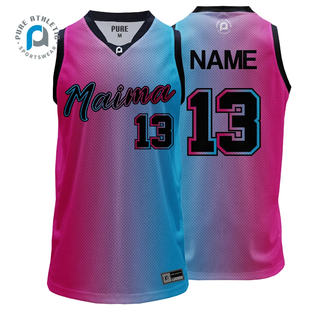 Kustom pria Maima cepat kering merah muda biru sublimasi memakai Jersey basket angka atas pakaian basket pemuda singlet seragam