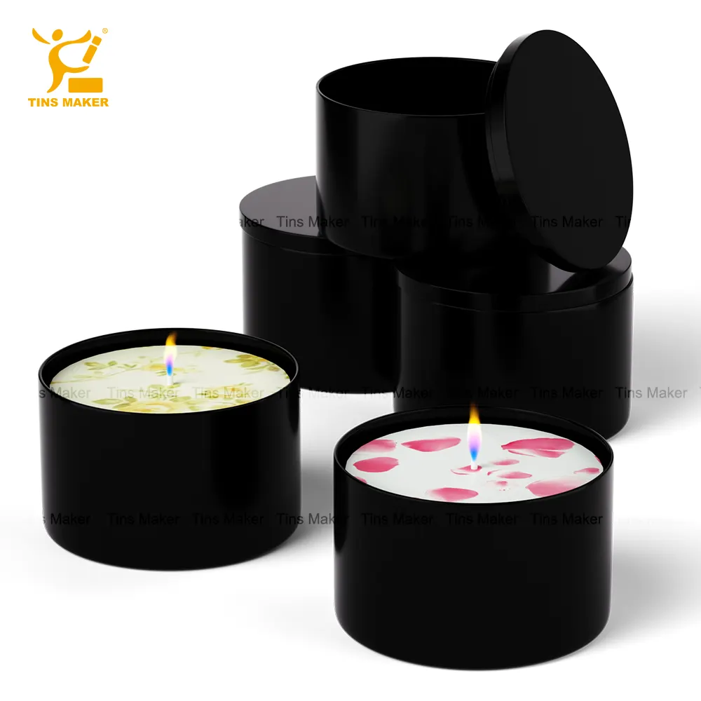 Vente en gros, boîtes de bougies rondes vides en fer blanc métallique de luxe parfumées en cire de soja, emballage noir, or, argent, 4Oz, 8Oz
