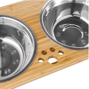 Mangkuk Kucing Besi Tahan Karat Mangkuk Makan Hewan Anjing Bambu Kayu Tempat Makan Berdiri Mangkuk Kucing dengan Mangkuk Keramik Ganda - Product Image 4