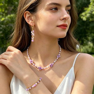 Women's Trendy Amethyst <b>Boho</b> Style Jewelry Set Oval Cut Pearl Beaded Necklace/<b>Bracelet</b> for Casual Wear - Product Image 1