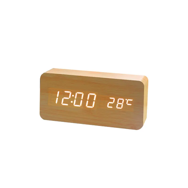 Wood Table Clock Wooden Digital Desk Alarm Clock LED Adjustable Brightness Voice Control