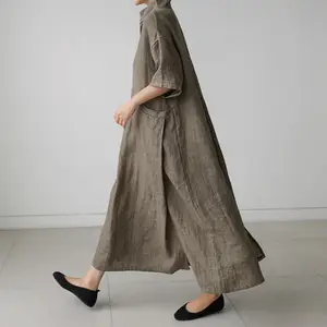 Wholesale 2021 Spring and Summer Loose Plus Size Dress Cotton and Linen Big Pocket Linen Long Over The Knee A-line Dress