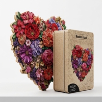 Cœur floral en bois, puzzle en forme de cœur, art botanique gravé CNC, impression sur surface satinée, coffret cadeau en bois massif, vente en gros OEM