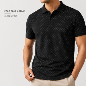 Polo de golf pour homme à pois noirs avec logo personnalisé, manches courtes, tissu tricoté imprimé, marque privée, fabricant OEM ODM - Product Image 2