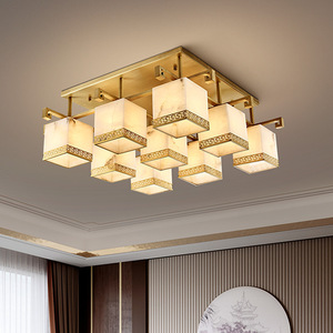 New Chinese Style <b>Ceiling</b> <b>Light</b> All Copper Natural Marble LED Living Room Dining Room Simple Rectangular Fixture - Product Image 1