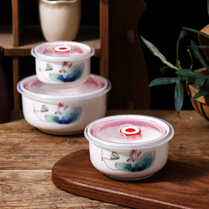 Ceramic Rice Bowl Fresh-keeping Bowl Three-piece Gift <b>Box</b> Gifts Food <b>Storage</b> Container - Product Image 3