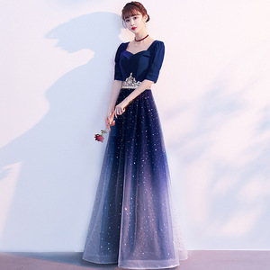 Evening Gown Women Square Neck Empire Waist Gradient Midi Dress Sheer Layer Cut Out For Wedding Banquet Choir Performance - Product Image 2