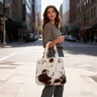 Sac à bandoulière tendance à motif animal, sac fourre-tout en peluche à imprimé vache, sac de shopping en peluche douce, sac à main décontracté quotidien pour femmes